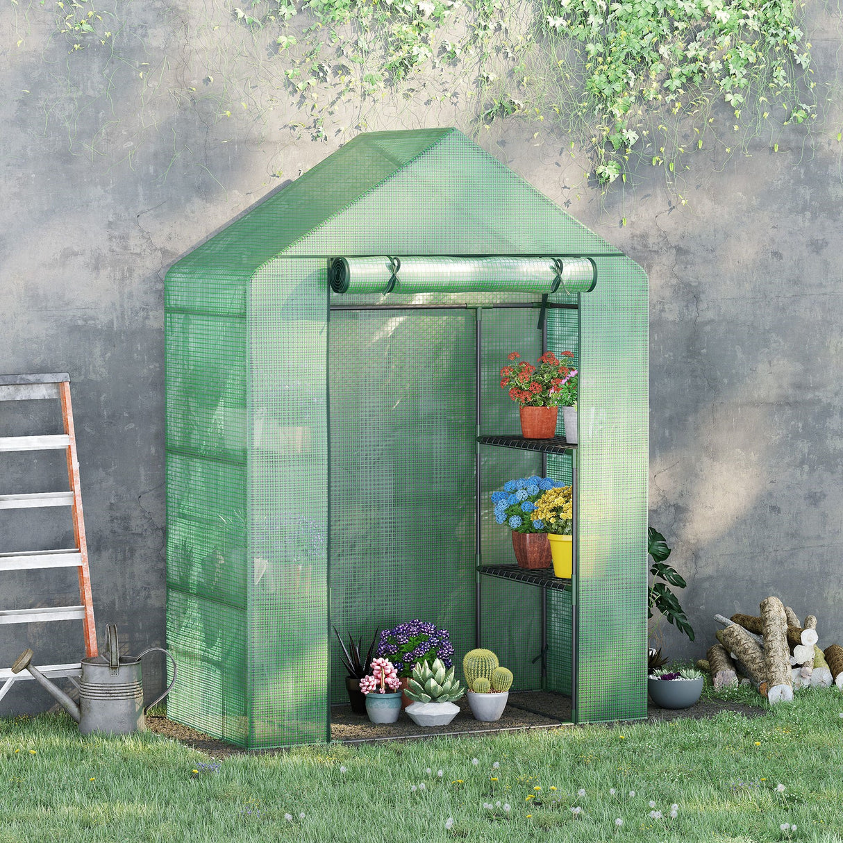 easycomfort easycomfort serra da giardino in acciaio e plastica pe con 4 ripiani funi e picchetti 141x72x191 cm verde