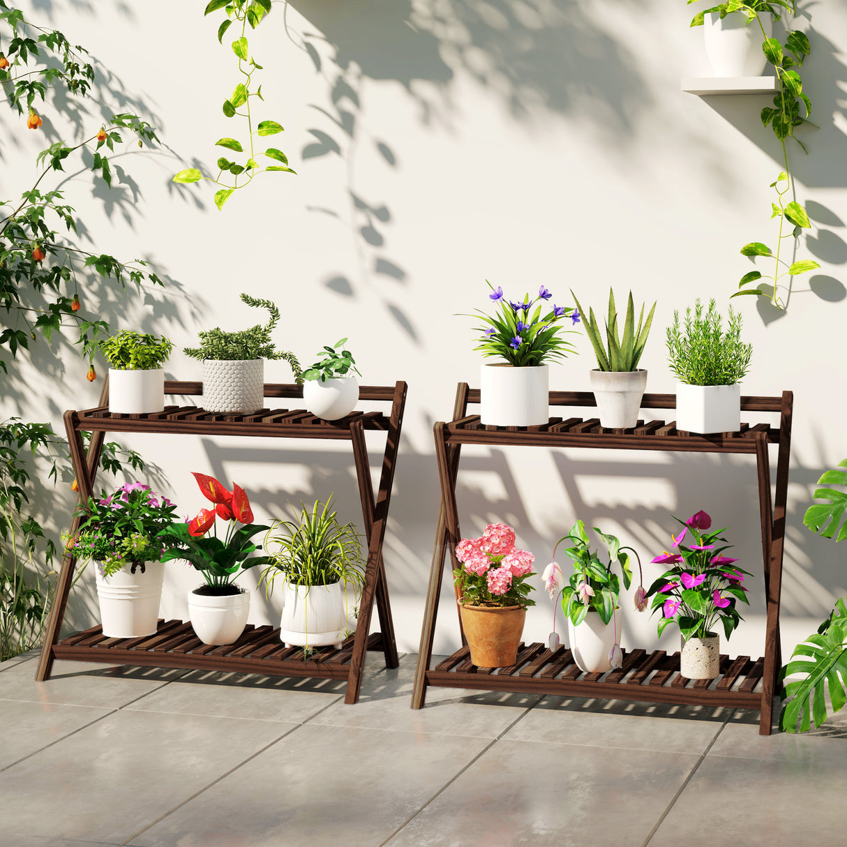 easycomfort easycomfort set 2 portapiante a 2 livelli con design a doghe in legno di abete 73x36x64 cm marrone bruciato