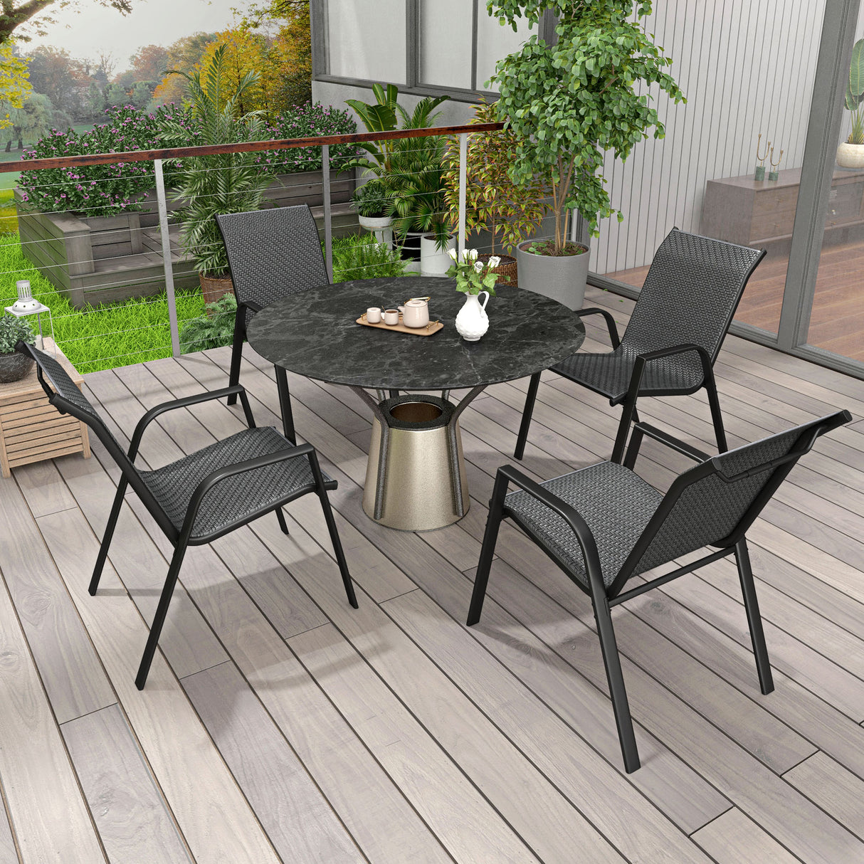 easycomfort easycomfort set 4 sedie da giardino impilabili con braccioli in rattan pe e acciaio grigio