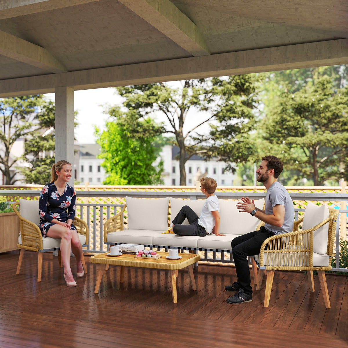 easycomfort easycomfort set da giardino 4 pezzi con divano 3 posti 2 poltrone e tavolino basso in rattan pe e acciaio multicolore