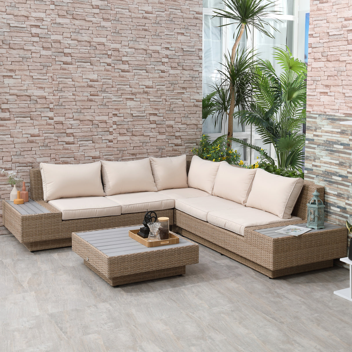 easycomfort easycomfort set da giardino 4 pezzi in rattan divano angolare con cuscini e tavolini nero e marrone chiaro