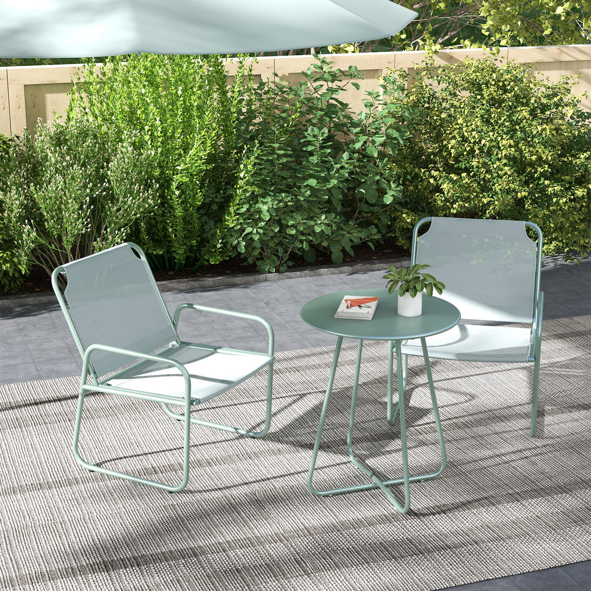 easycomfort easycomfort set da giardino con tavolo rotondo e 2 sedie in acciaio e tessuto a rete traspirante verde