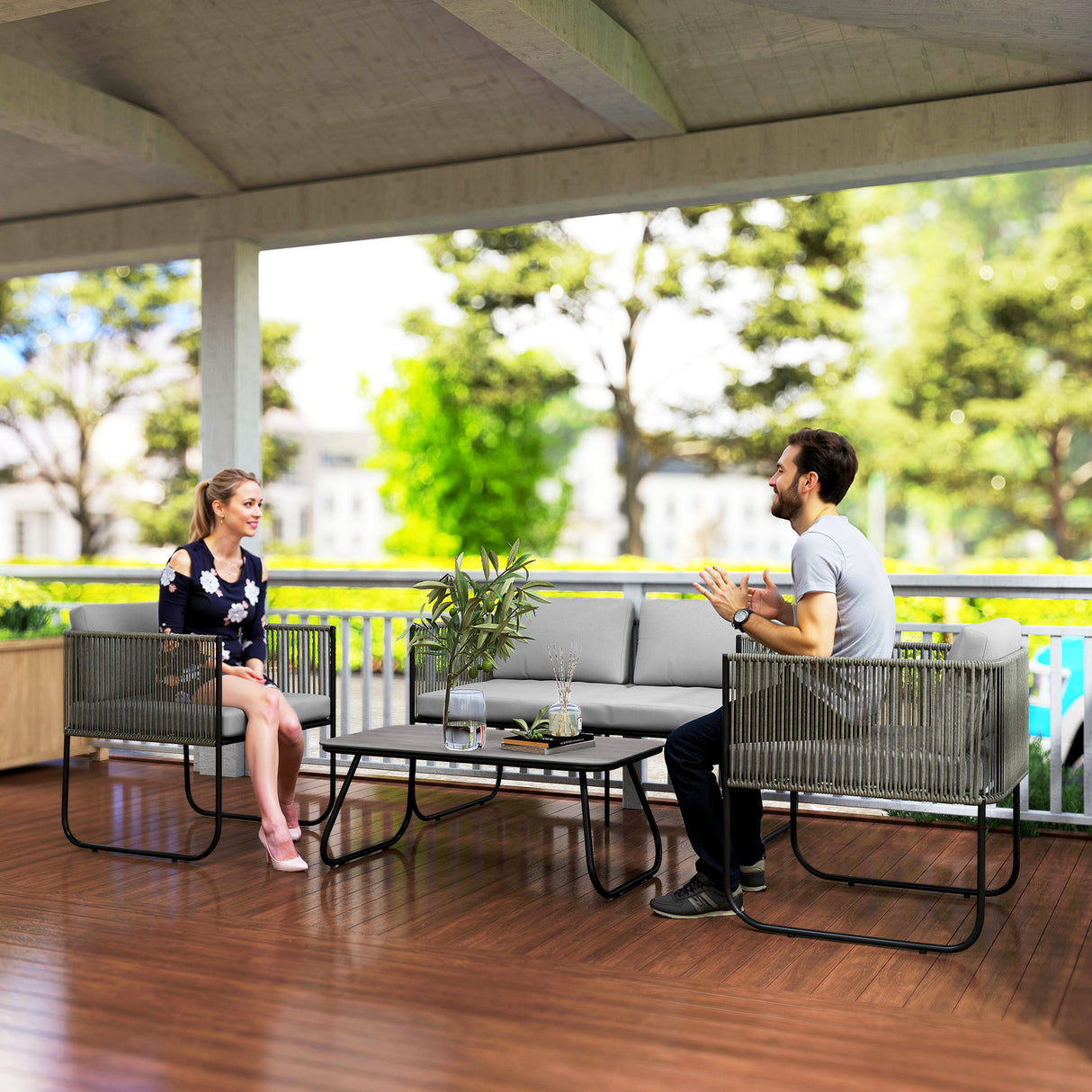 easycomfort easycomfort set da giardino rattan con divanetto 2 posti 2 poltrone e tavolino in vetro cuscini sfoderabili grigio