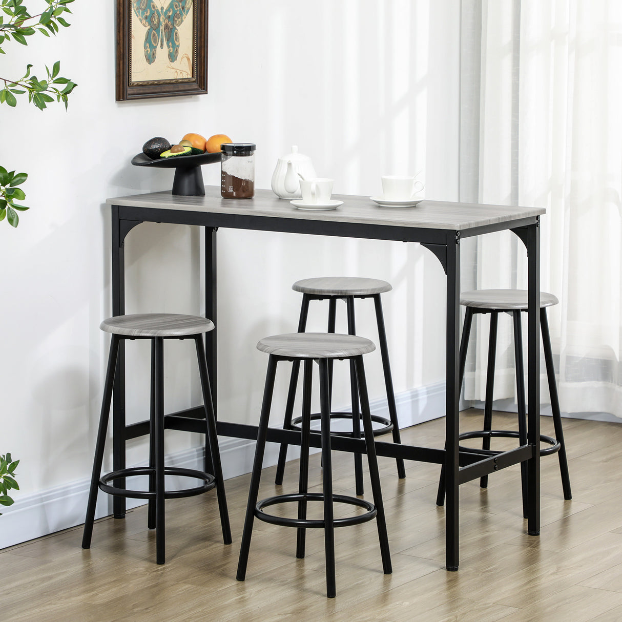 easycomfort easycomfort set da pranzo 5 pezzi con bancone da bar 110x50x89 5 cm e sgabelli 30x60 5 cm in legno e metallo grigio e nero
