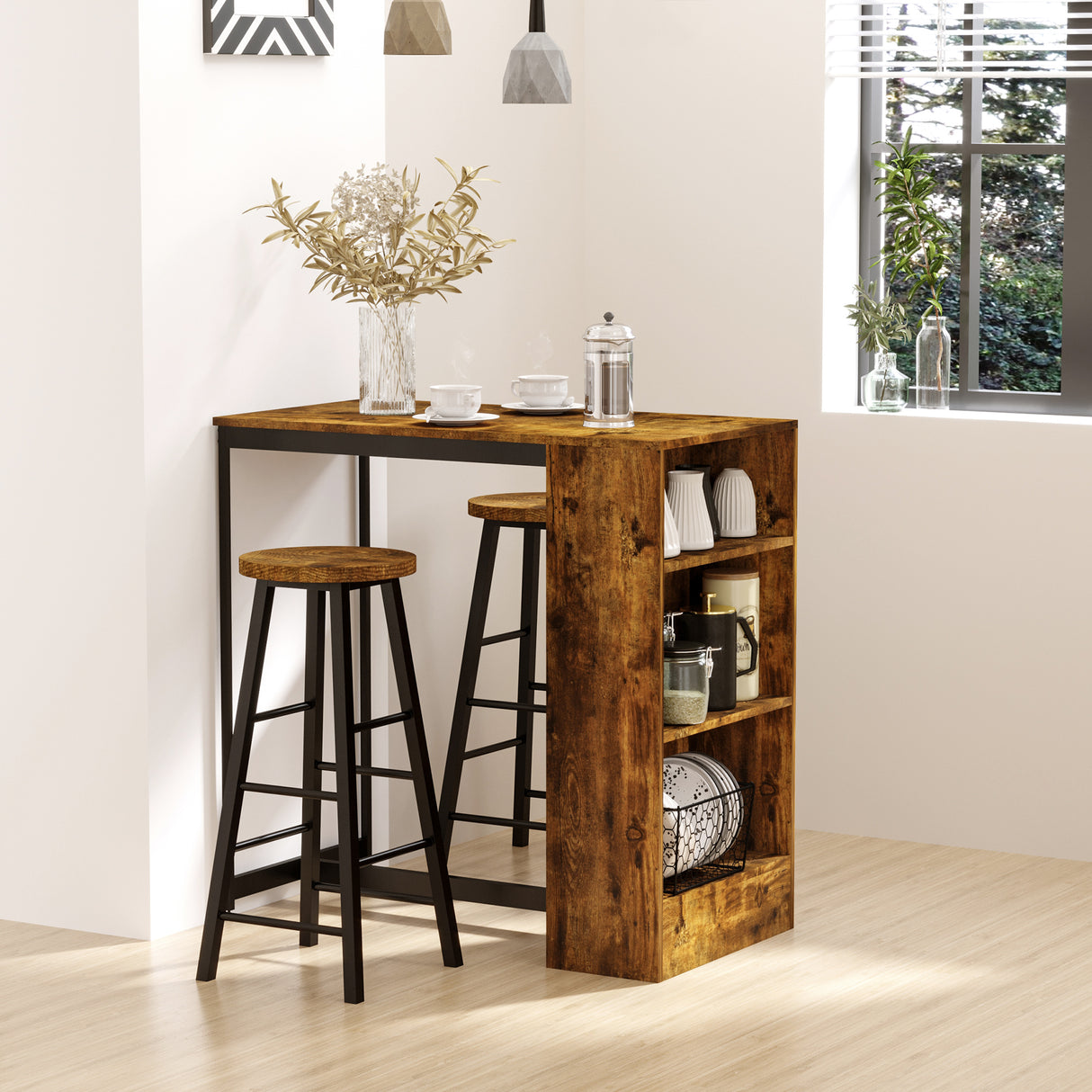 easycomfort easycomfort set da pranzo con bancone bar con 3 ripiani e 2 sgabelli alti con poggiapiedi stile industriale marrone