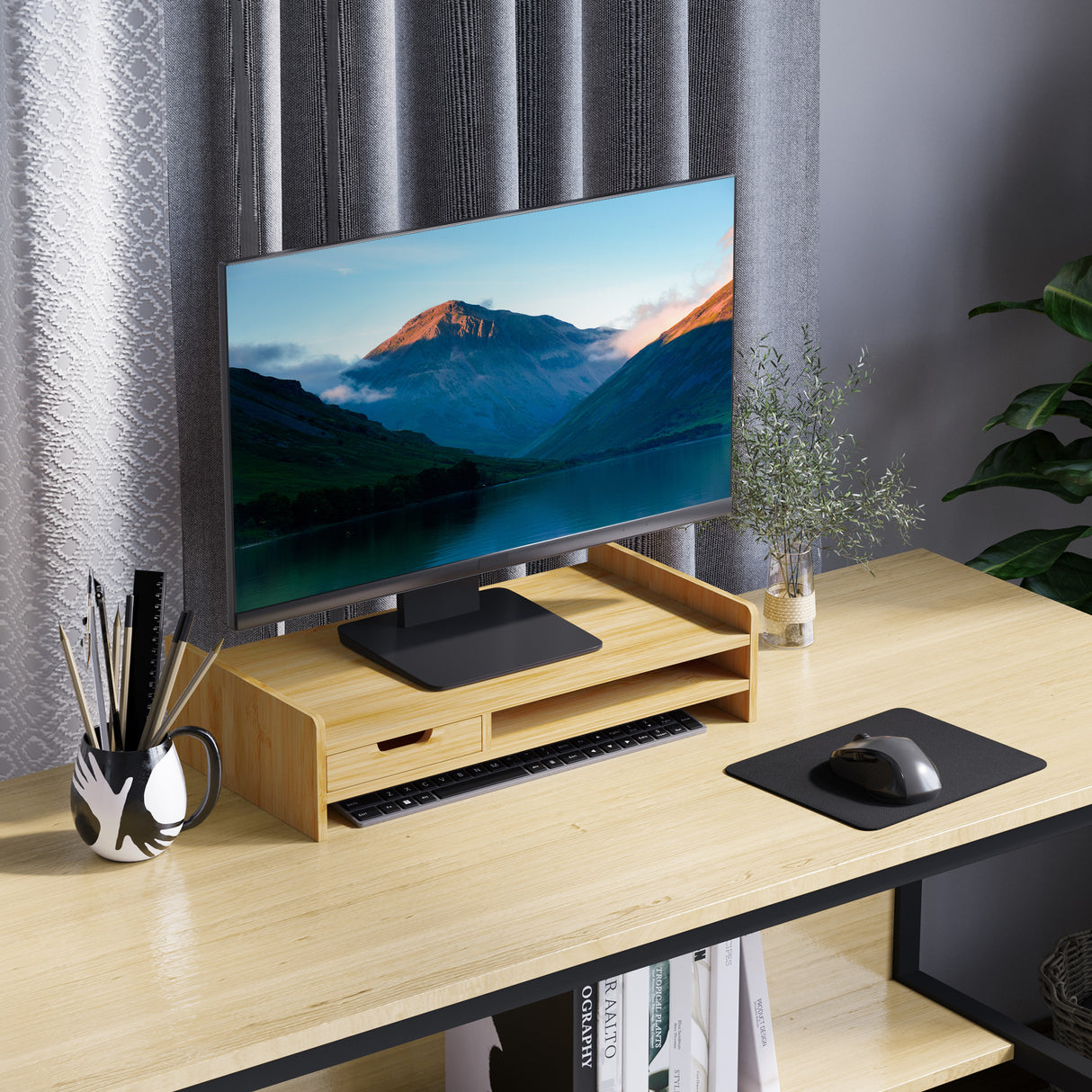 easycomfort easycomfort supporto monitor con spazio per mouse e tastiera e ripiano con cubo portaoggetti in bambu 49x25 5x11 5 cm