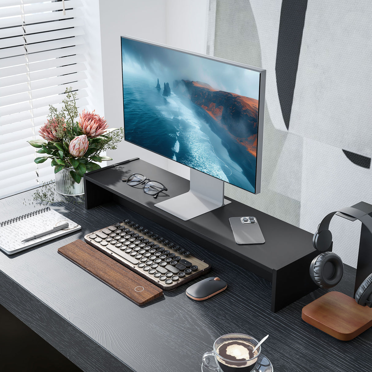 easycomfort easycomfort supporto per monitor con 2 vani contenitore in legno 100x27x15 cm nero