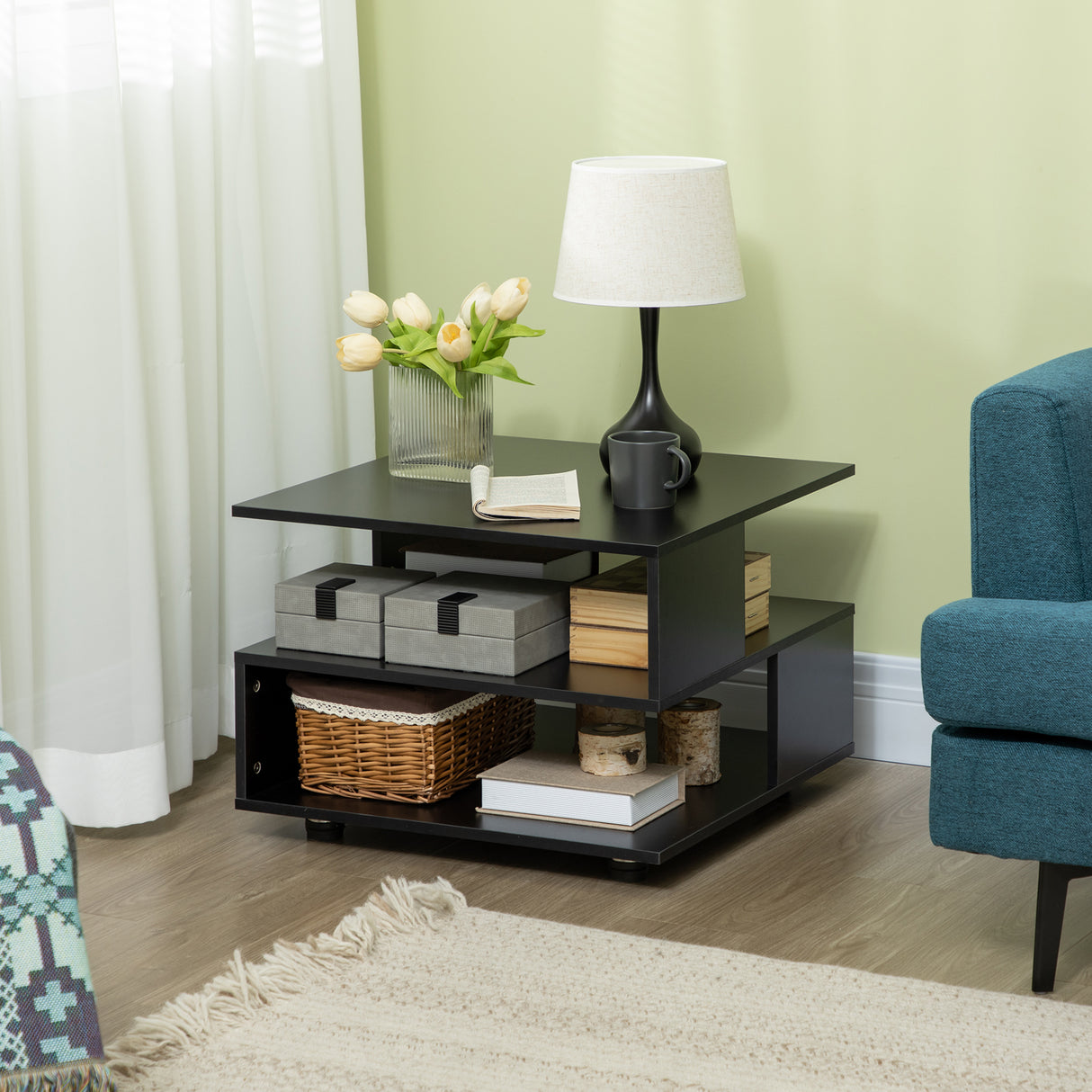 easycomfort easycomfort tavolino da caffe asimmetrico in legno con ripiani e piedini regolabili 60x60x45cm nero