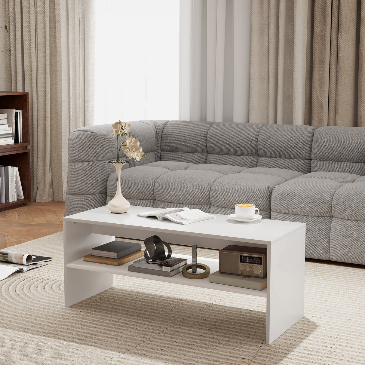 easycomfort easycomfort tavolino da caffe moderno in legno a 2 livelli con ripiano aperto 100x40x41 5 cm bianco