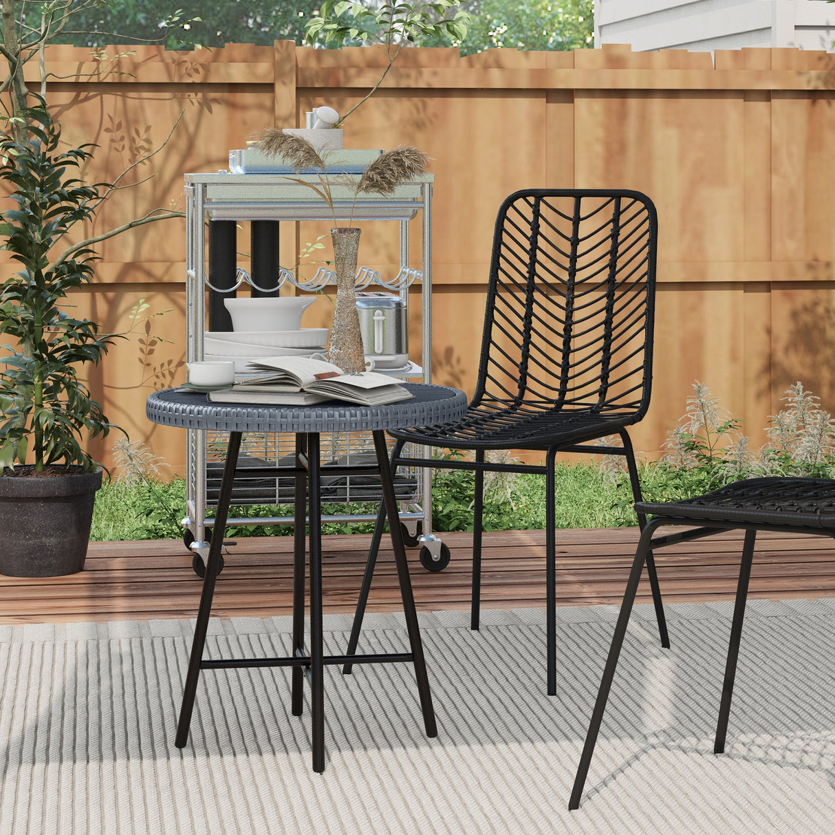 easycomfort easycomfort tavolino da giardino moderno con piano in plastica di legno in rattan e acciaio 50x50x55 cm grigio e nero