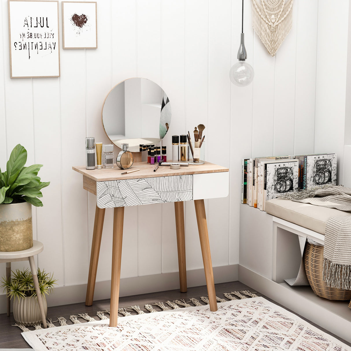 easycomfort easycomfort toeletta tavolo da trucco con specchio circolare 39cm consolle trucco con cassetto con decorazione jungle bianco e rovere 70x39x119 128cm ean 8054144134673