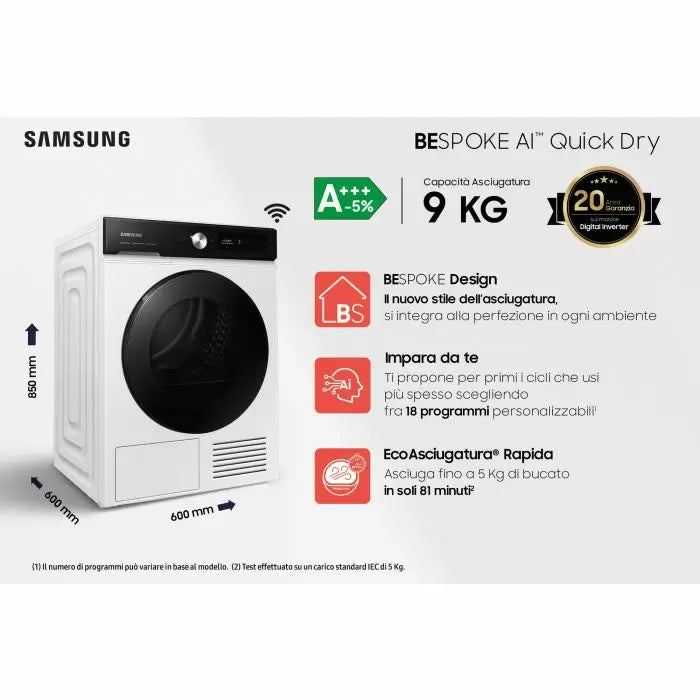 asciugatrice a pompa di calore samsung bespoke ai 9 kg quickdry dv90bb7445ge axlxp 600x85x60 a___ 10