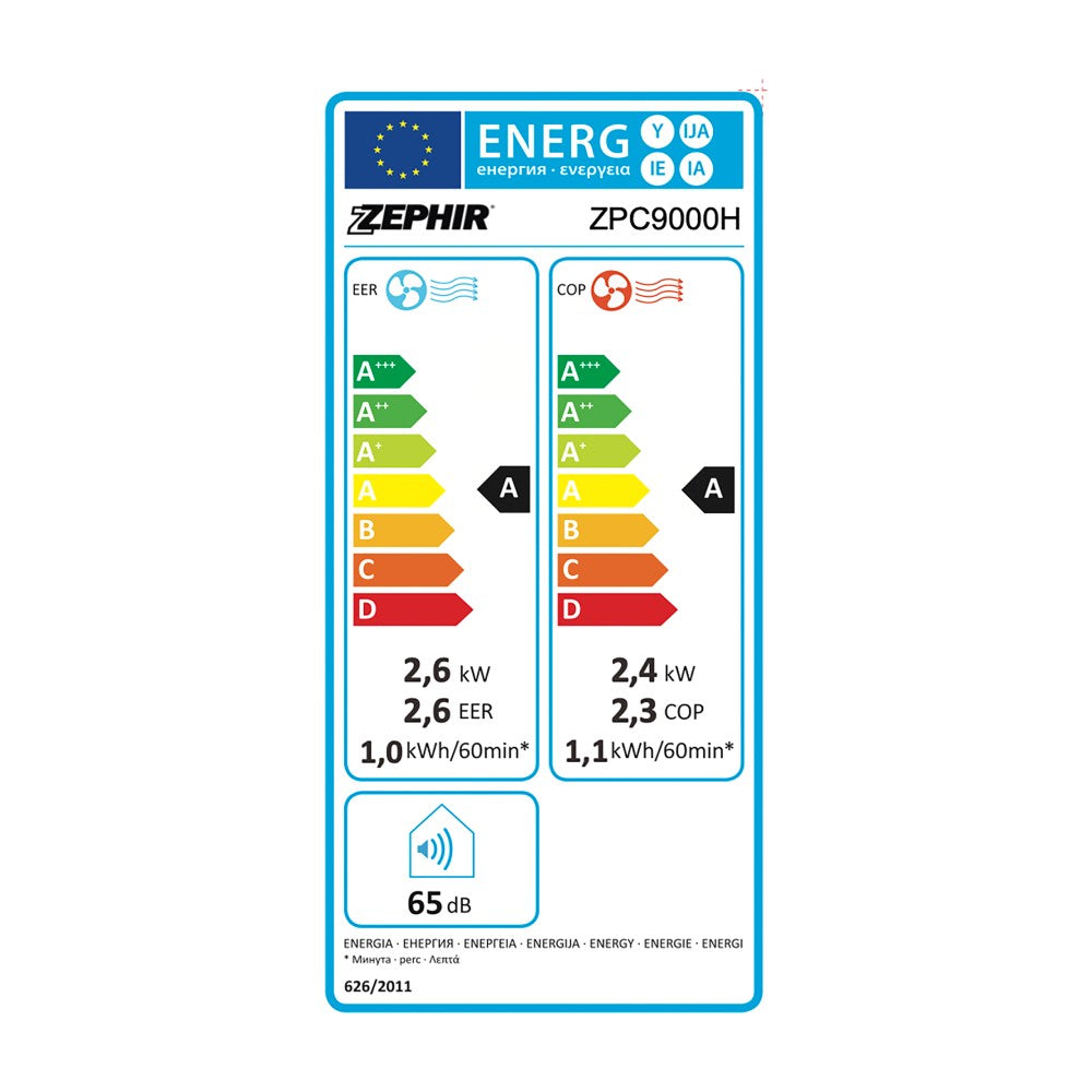 climatizzatore portatile zephir 9000 btu classe a a zpc9000h gas r290 con pompa di calore
