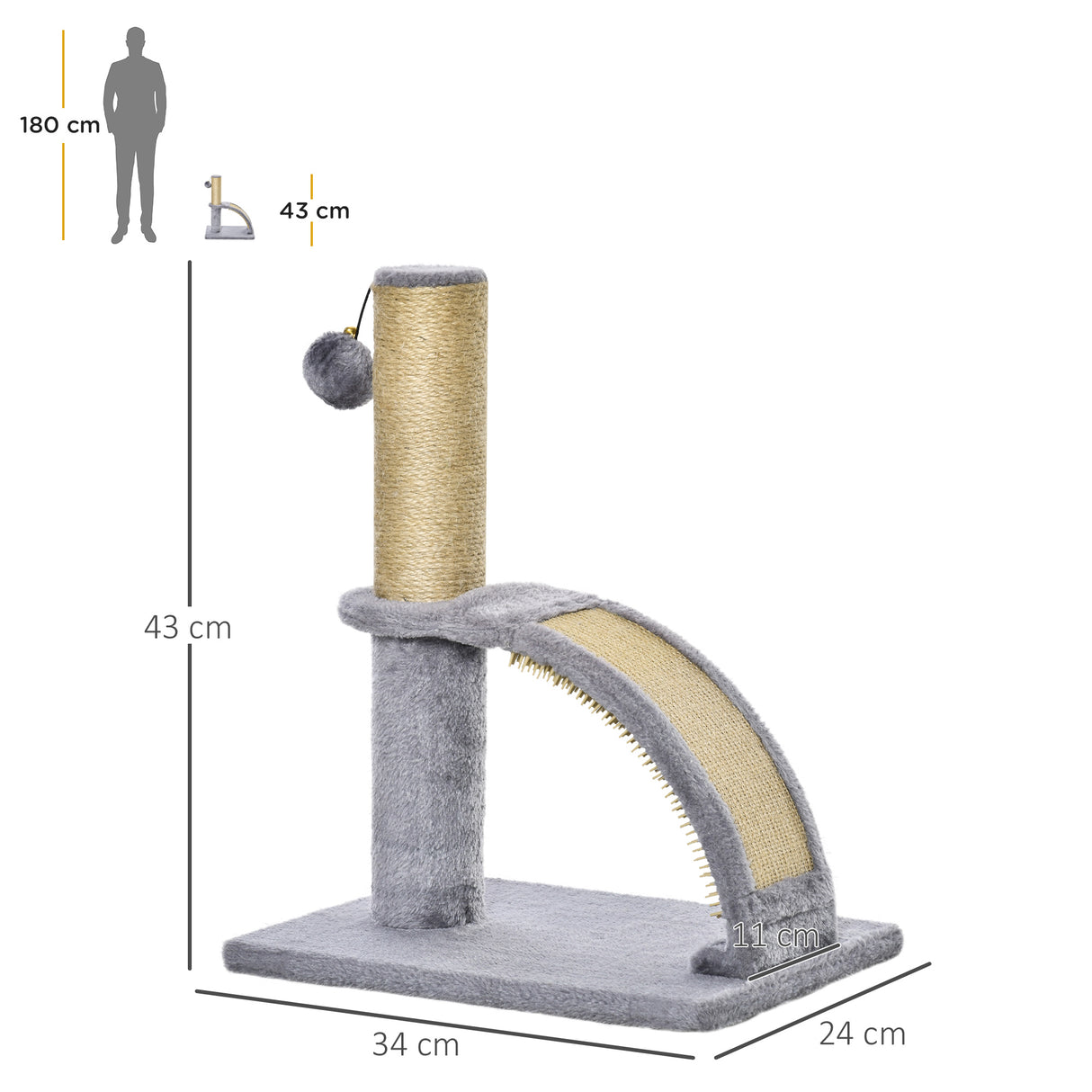 easycomfort easycomfort albero tiragraffi per gatti con arco massaggiatore palo in iuta e pallina in peluche 34x24x43 cm grigio