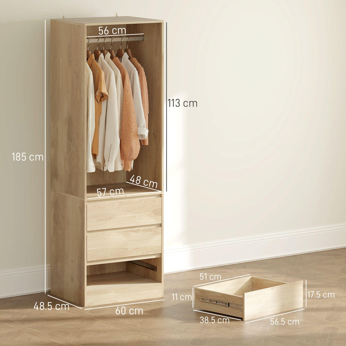 easycomfort easycomfort armadio guardaroba con asta appendiabiti ripiano aperto e 3 cassetti in legno 60x48 5x185 cm color teak
