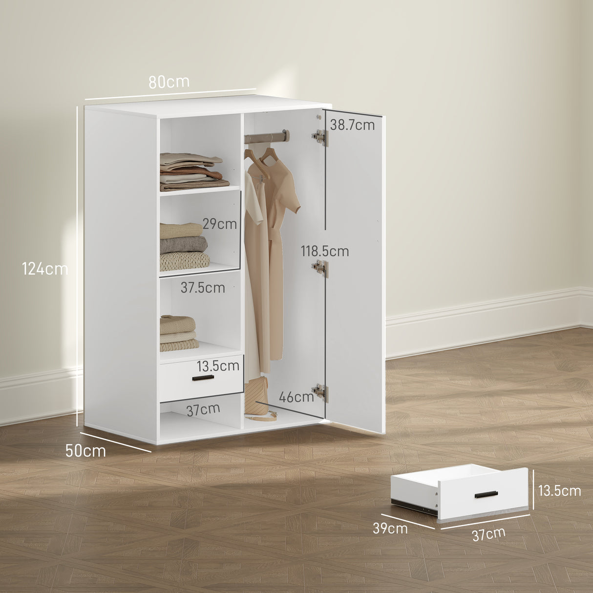 easycomfort easycomfort armadio moderno con 2 cassetti ripiani aperti e vano appendiabiti 80x50x124 cm bianco