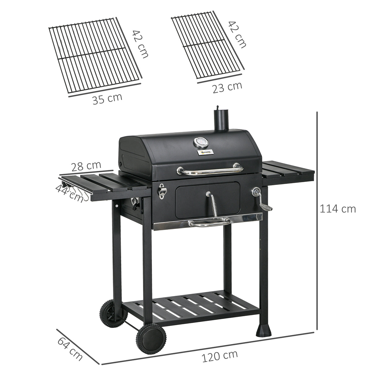 easycomfort easycomfort barbecue a carbone con coperchio con termometro griglia regolabile ruote e tavolini nero