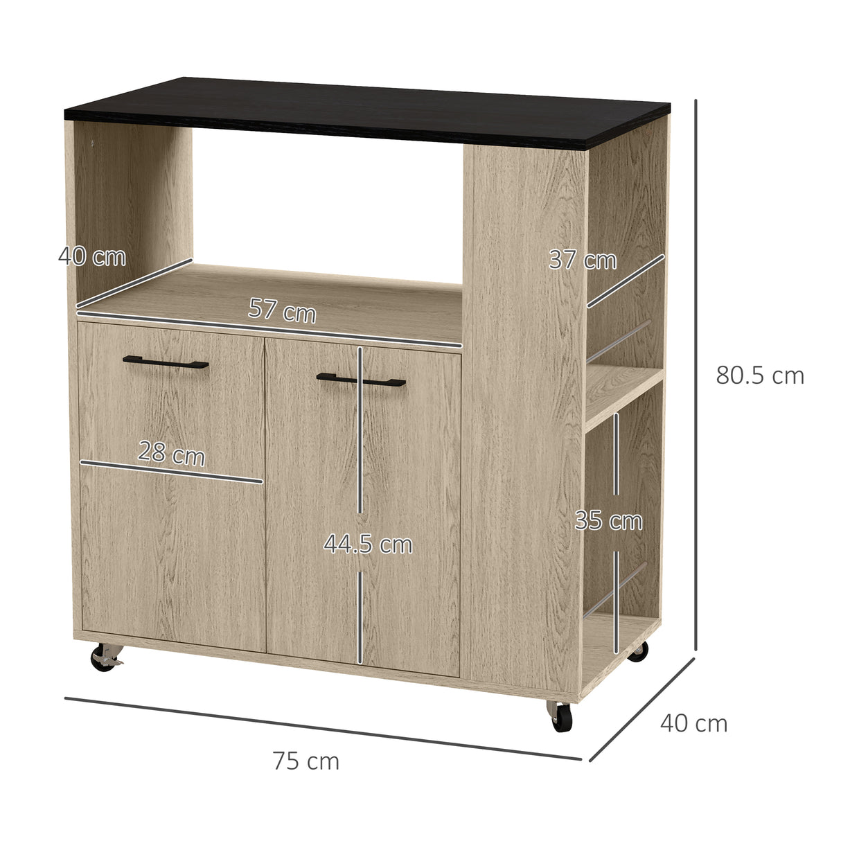 easycomfort easycomfort carrello da cucina in truciolato con ripiano aperto armadietto a 2 ante e scaffale laterale 75x40x80 5 cm