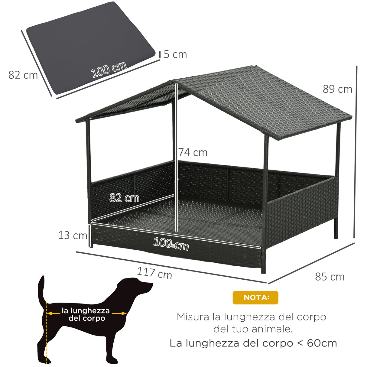 easycomfort easycomfort casetta per cani rialzata con cuscino sfoderabile in rattan pe e acciaio 117x85x89 cm grigio e marrone