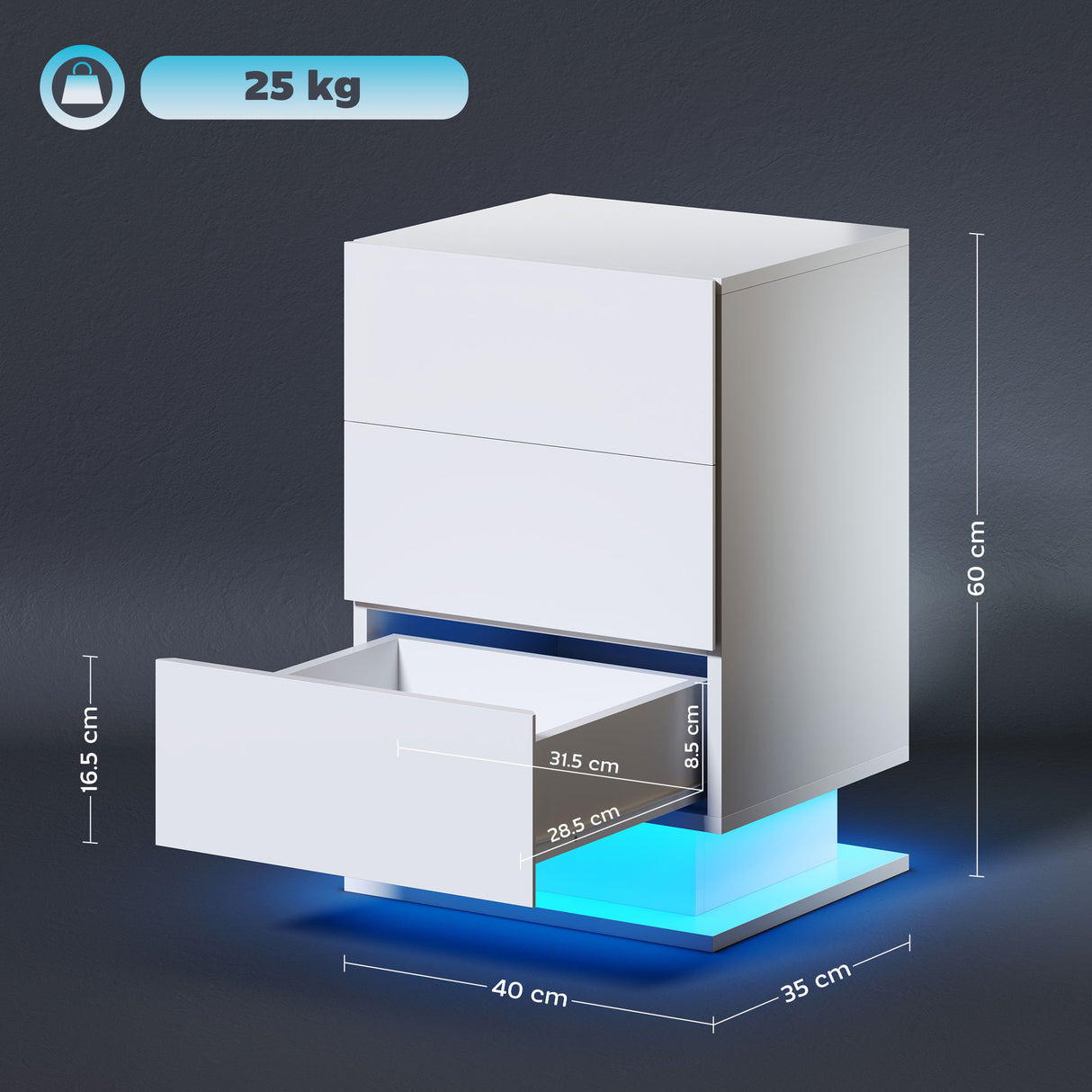 easycomfort easycomfort comodino moderno con luce led regolabile con telecomando e 3 cassetti 40x35x60 cm bianco lucido