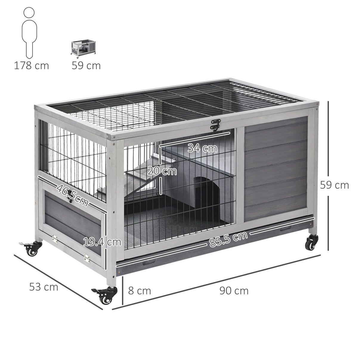 easycomfort easycomfort conigliera in legno con 4 ruote casetta per conigli e rampa 90x53x59cm grigio