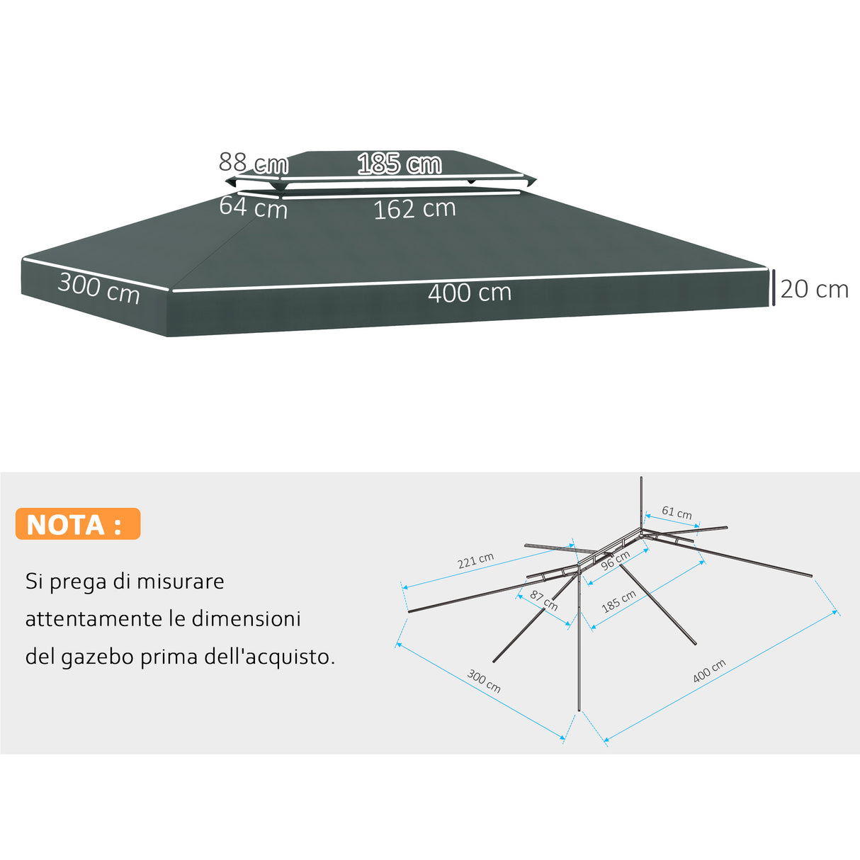 easycomfort easycomfort copertura per gazebo 4x3 m a 2 livelli in poliestere con cinghie e 10 fori di drenaggio grigio antracite