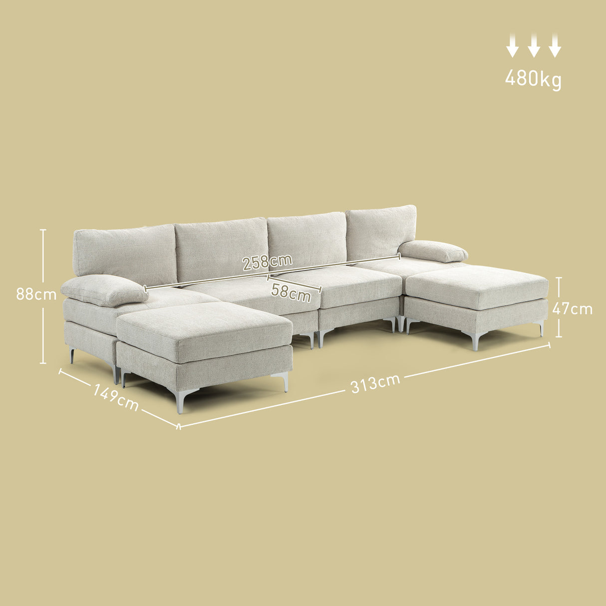 easycomfort easycomfort divano componibile 4 pezzi con poggiapiedi e cuscini in tessuto effetto ciniglia 313x149x88 cm bianco crema