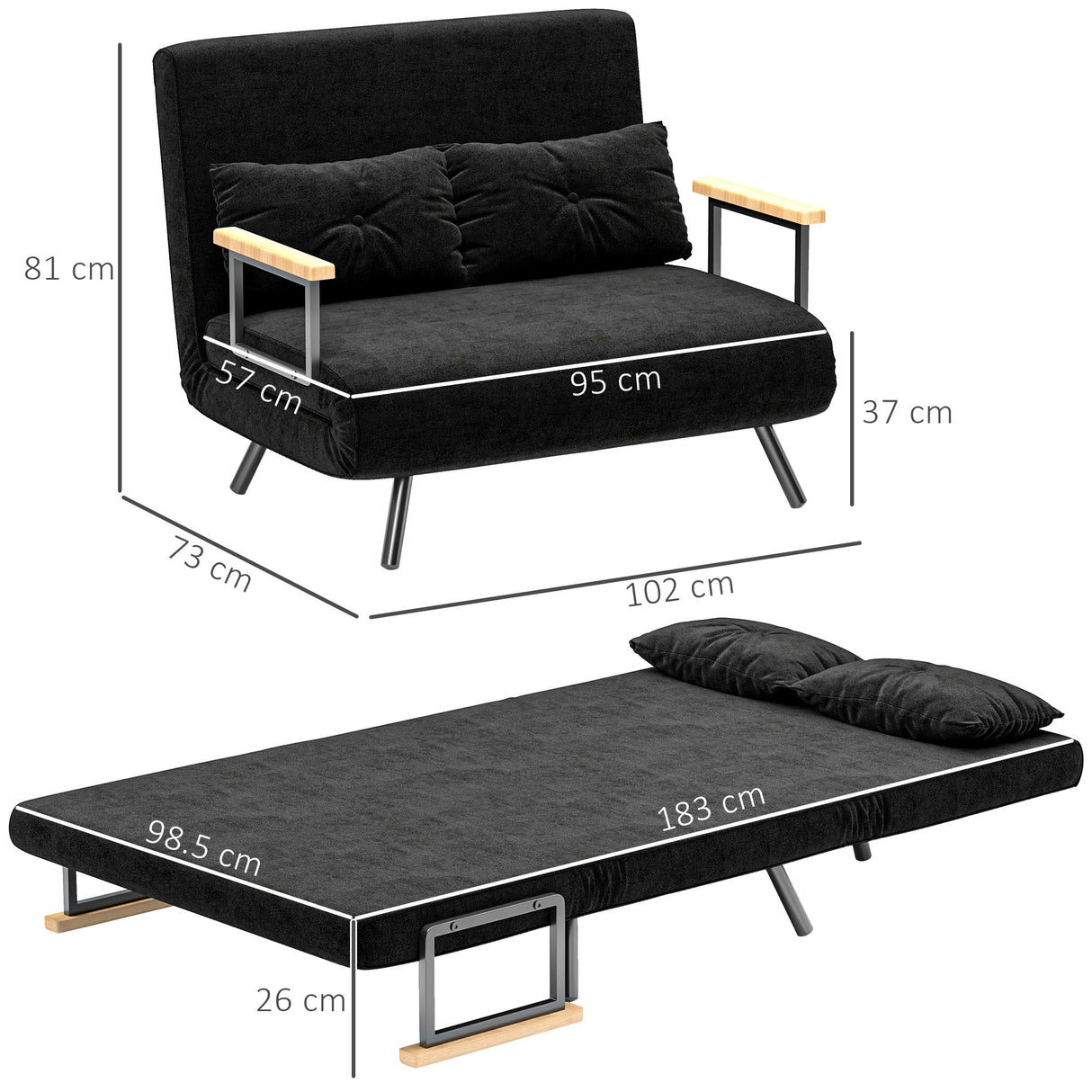 easycomfort easycomfort divano letto 3 in 1 in tessuto effetto velluto con schienale regolabile e 2 cuscini 102x73x81 cm nero