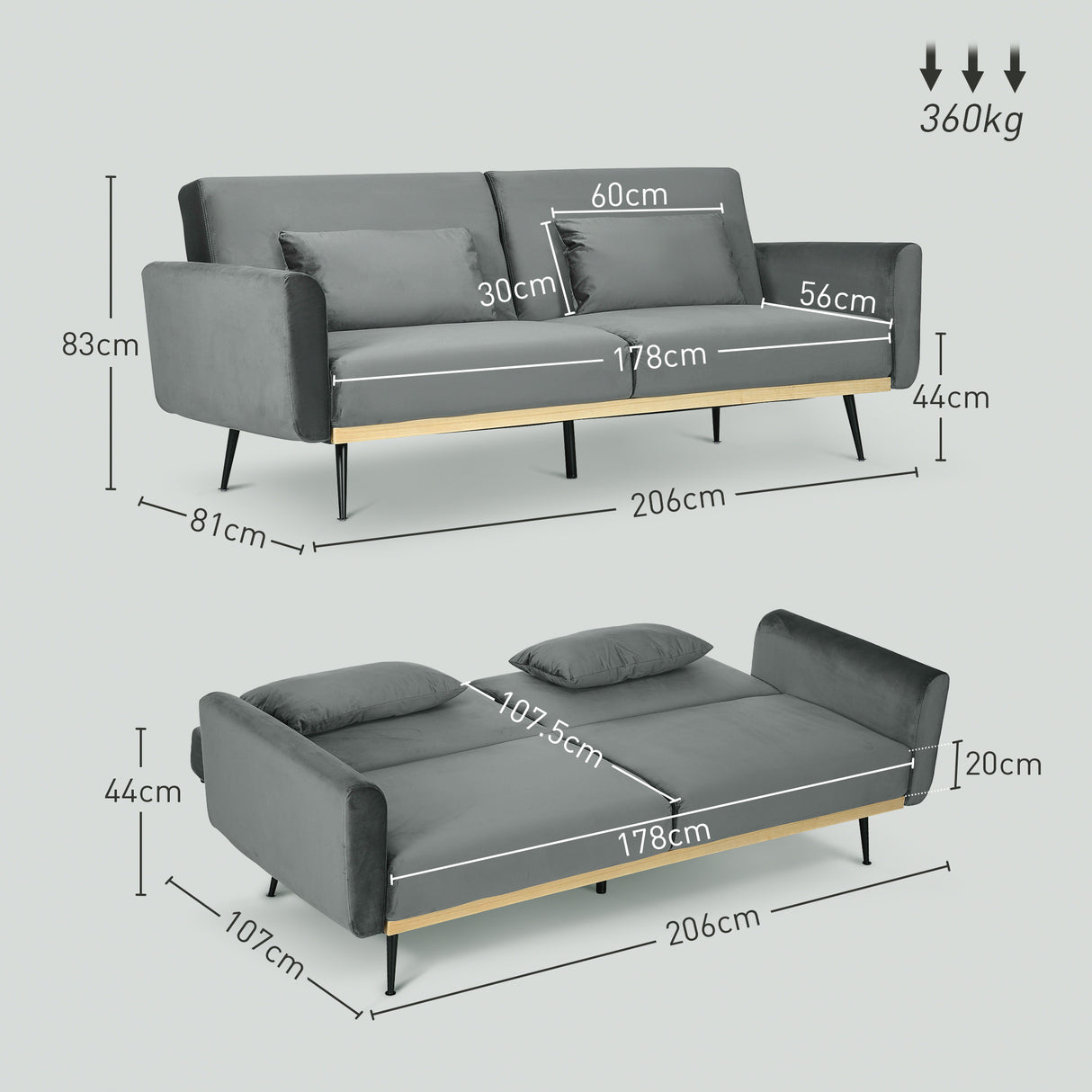 easycomfort easycomfort divano letto 3 posti con design clic clac e 2 cuscini in tessuto effetto velluto 206x81x83 cm grigio