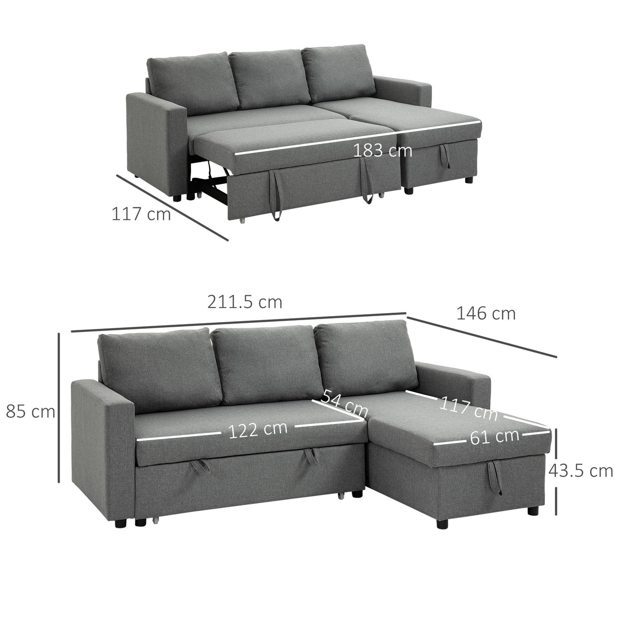 easycomfort easycomfort divano letto 3 posti e penisola con contenitore rivestimento tessuto effetto lino 211 5x146x85cm