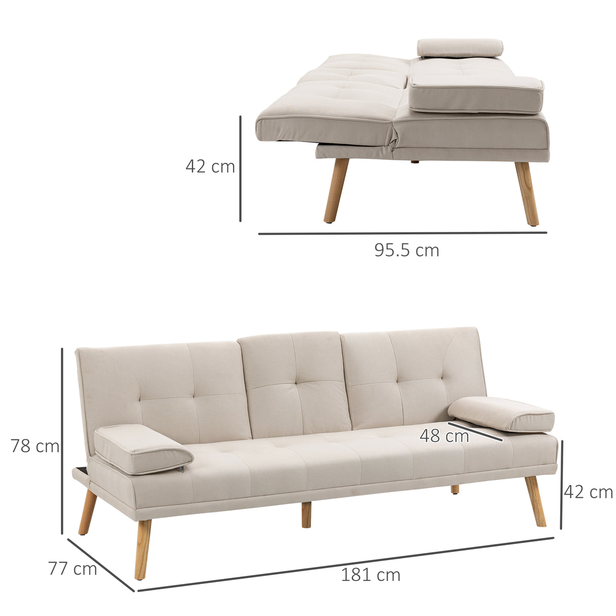 easycomfort easycomfort divano letto 3 posti reclinabile con rivestimento effetto lino e tavolino a ribalta beige