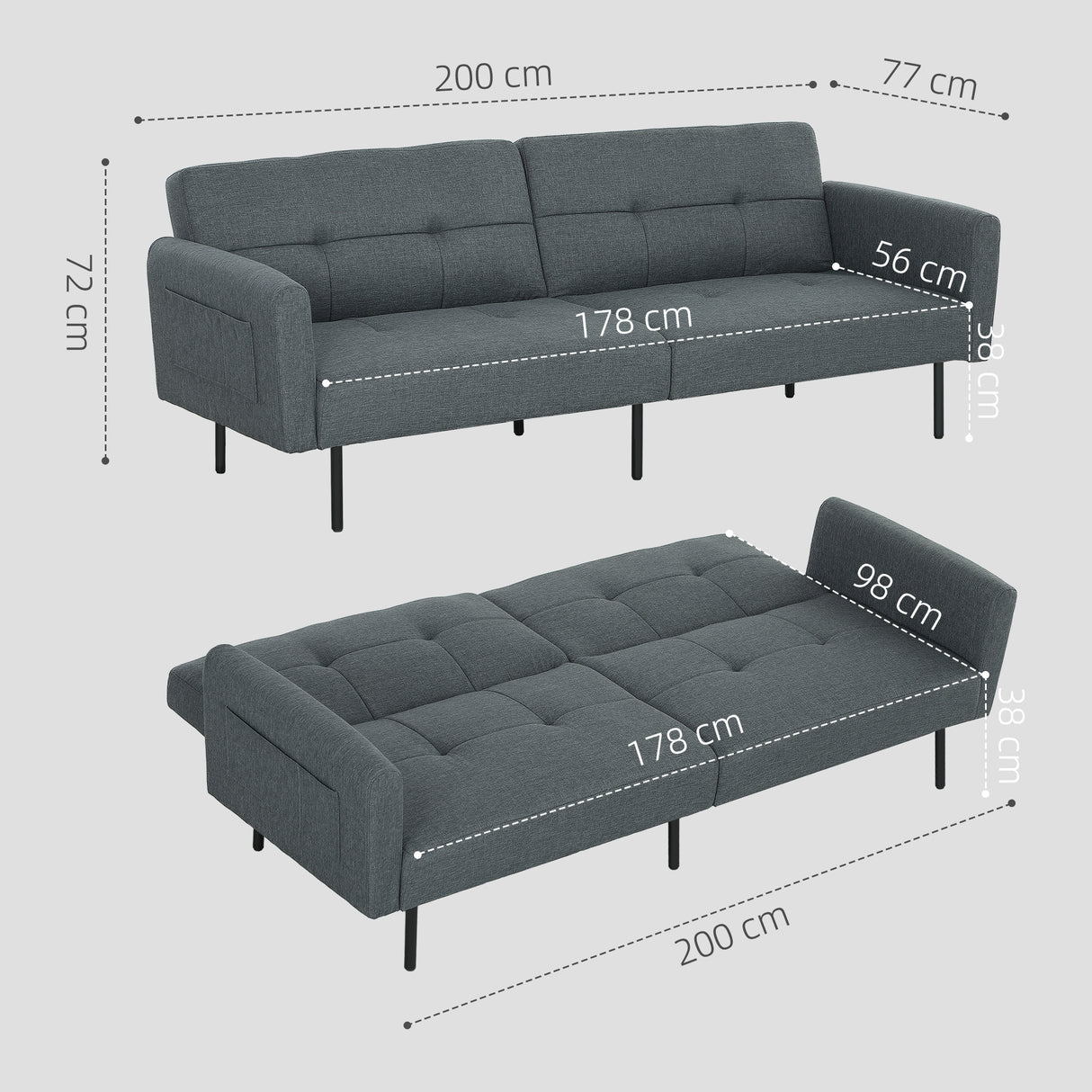 easycomfort easycomfort divano letto clic clac con schienale regolabile in tessuto effetto lino legno e acciaio 200x77x72 cm grigio