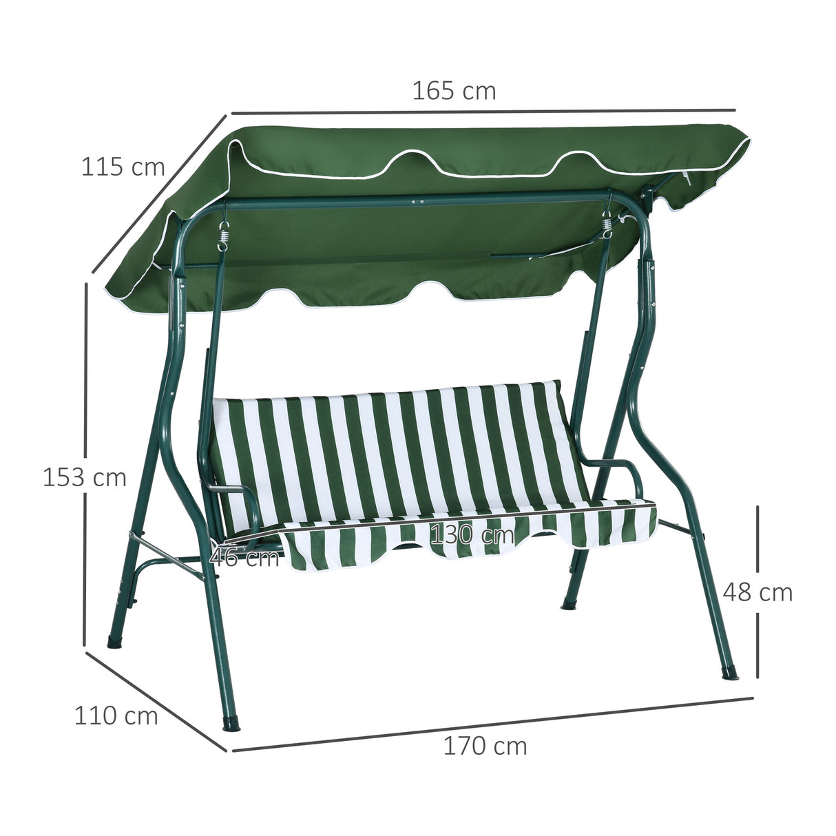 easycomfort easycomfort dondolo 3 posti con tettuccio regolabile e cuscini in acciaio e poliestere 170x110x153 cm verde e bianco