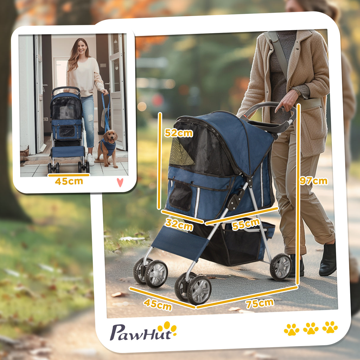 easycomfort easycomfort passeggino per cani pieghevole con cestino e portabicchiere peso max 10 kg 75x45x97cm blu scuro