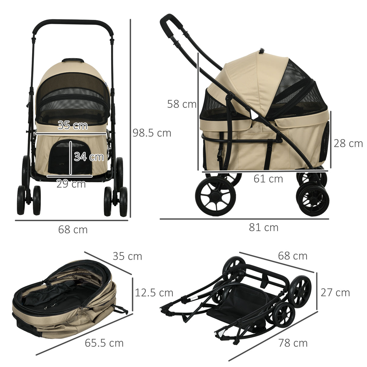 easycomfort easycomfort passeggino per cani taglia piccola con tettuccio regolabile e 2 guinzagli 81x68x98 5 cm nero e khaki