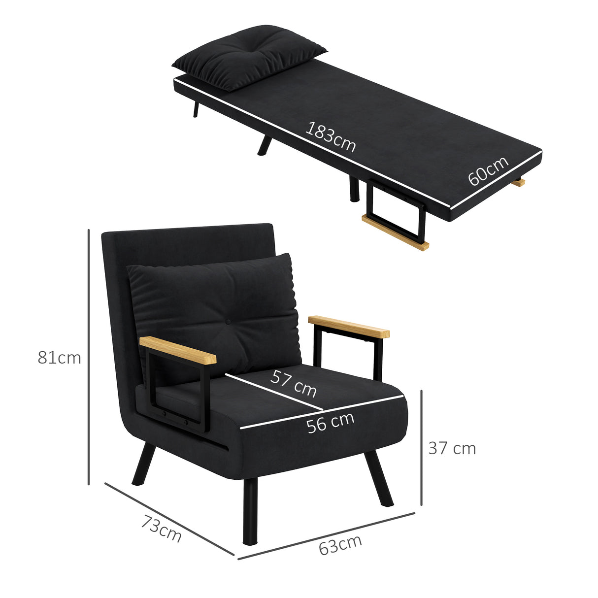easycomfort easycomfort poltrona letto 3 in 1 con schienale reclinabile in 5 posizioni e cuscino 63x73x81 cm nero