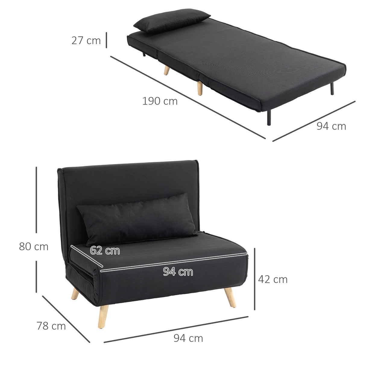easycomfort easycomfort poltrona letto 3 in 1 con schienale reclinabile su 6 posizioni in tessuto 94x78x80 cm nero