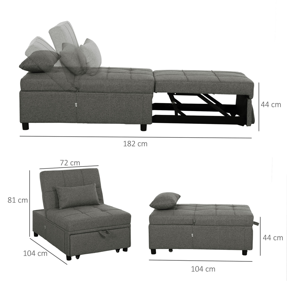 easycomfort easycomfort poltrona letto 4 in 1 convertibile in chaise longue e poggiapiedi con sistema clic clac grigio