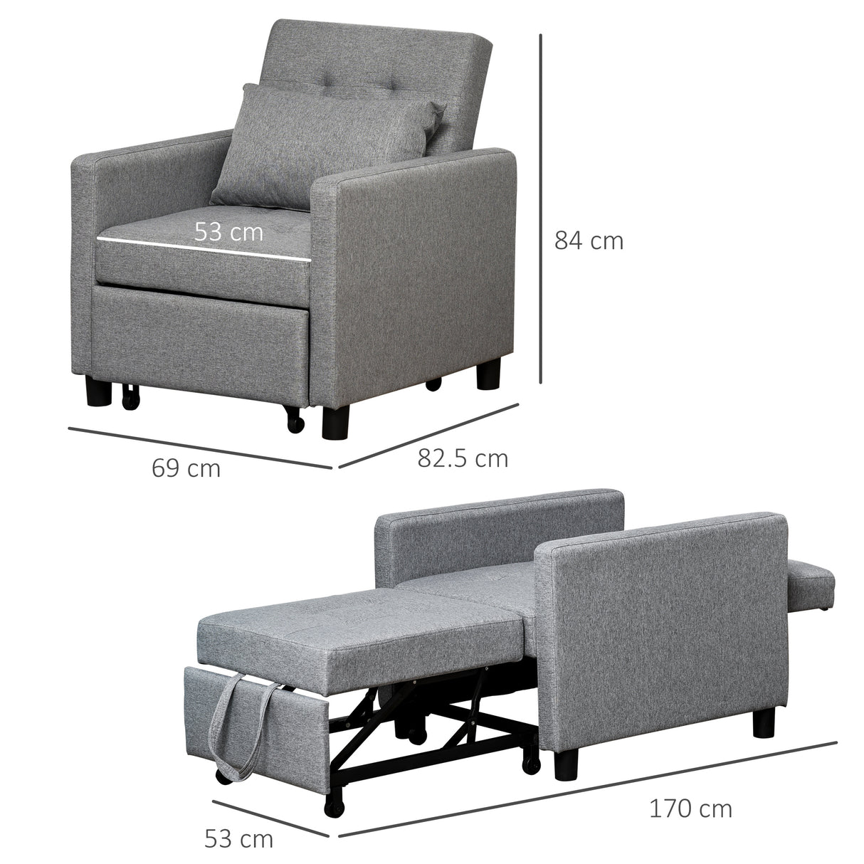 easycomfort easycomfort poltrona letto singolo a 4 ruote con schienale reclinabile e cuscino in tessuto e legno 69x82 5x84 cm grigio
