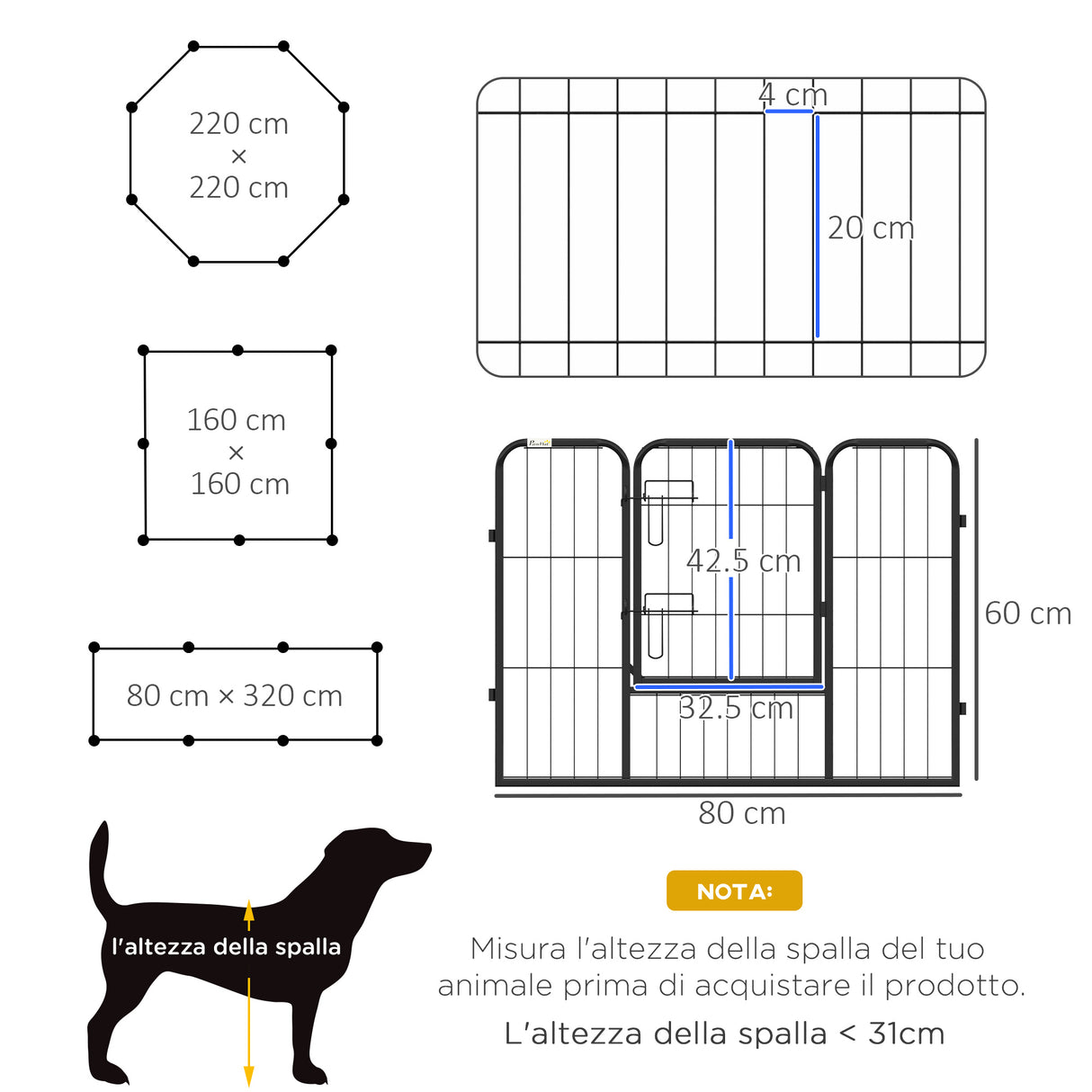 easycomfort easycomfort recinto per cani a 8 pezzi modulabili per interno ed esterno in acciaio 80x60 cm nero