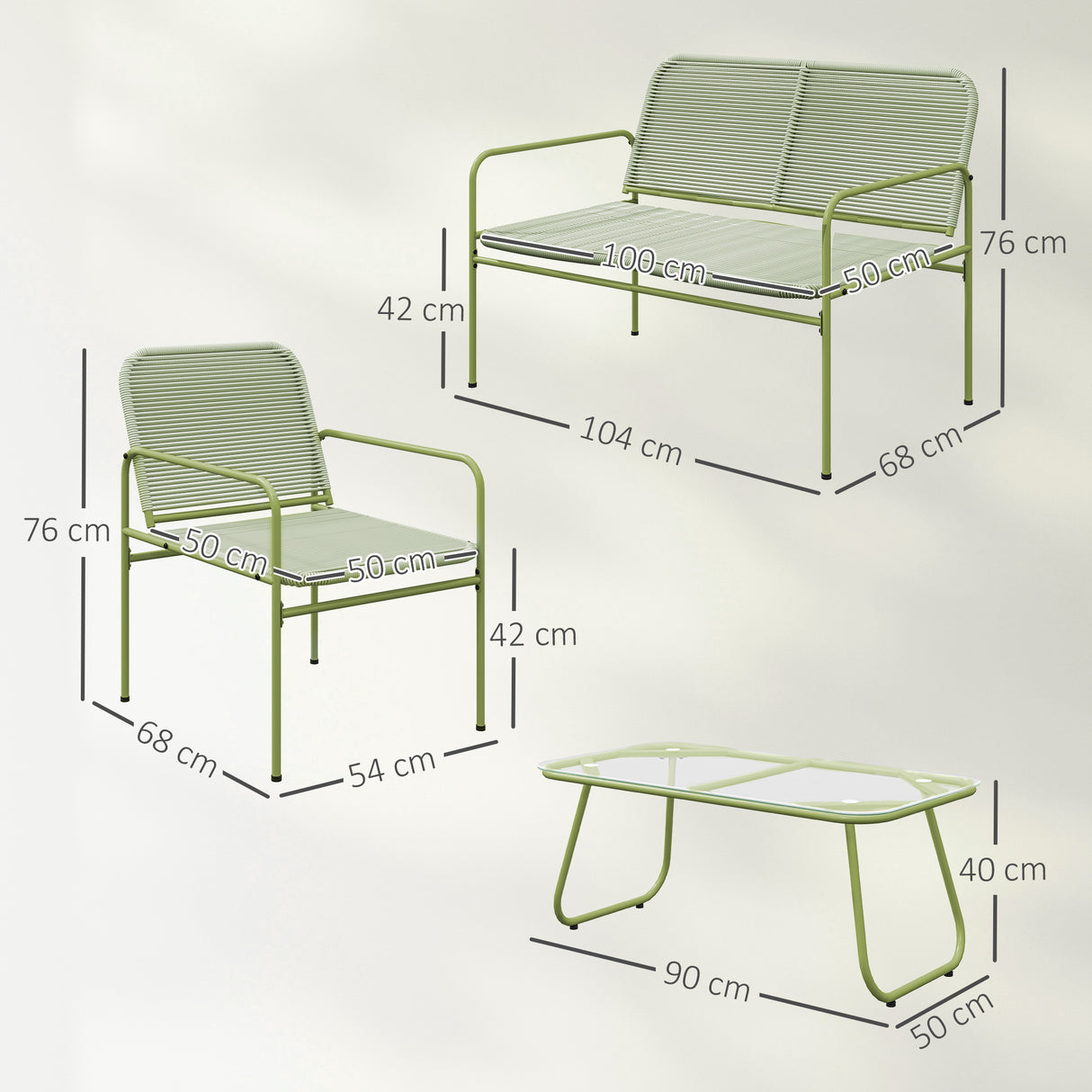 easycomfort easycomfort salotto da esterno in rattan pe con divanetto 2 poltroncine e tavolino con piano in vetro verde