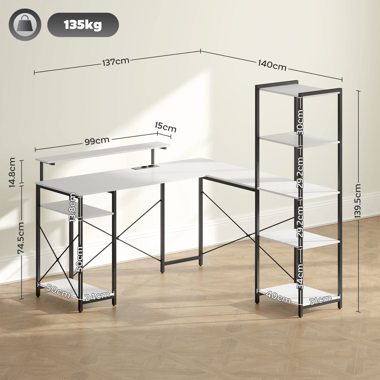 easycomfort easycomfort scrivania angolare con presa elettrica e usb scaffale e supporto per monitor bianco e nero