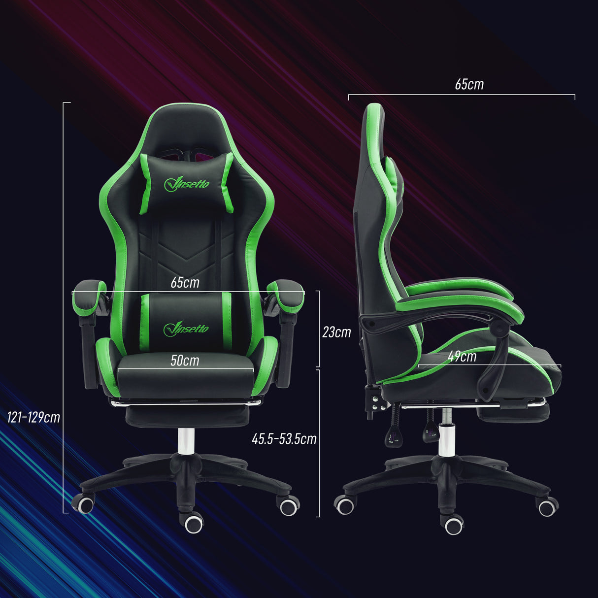 easycomfort easycomfort sedia da gaming con altezza regolabile e schienale reclinabile 65x65x121 129 cm nero e verde