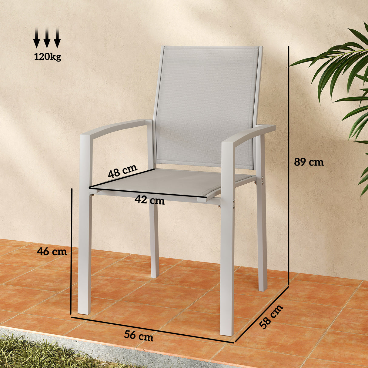 easycomfort easycomfort set 2 sedie da giardino impilabili con seduta traspirante in acciaio e textilene 56x58x89 cm grigio chiaro