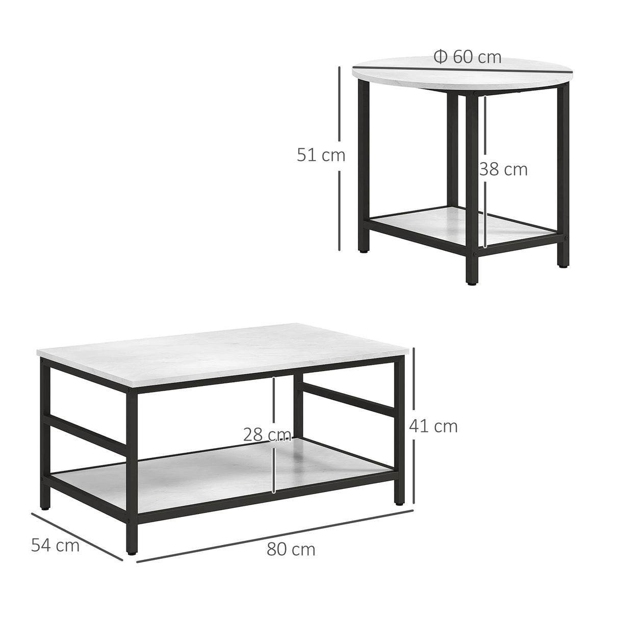 easycomfort easycomfort set 2 tavolini da caffe a 2 livelli in truciolato e acciaio con piano dappoggio effetto marmo bianco e nero