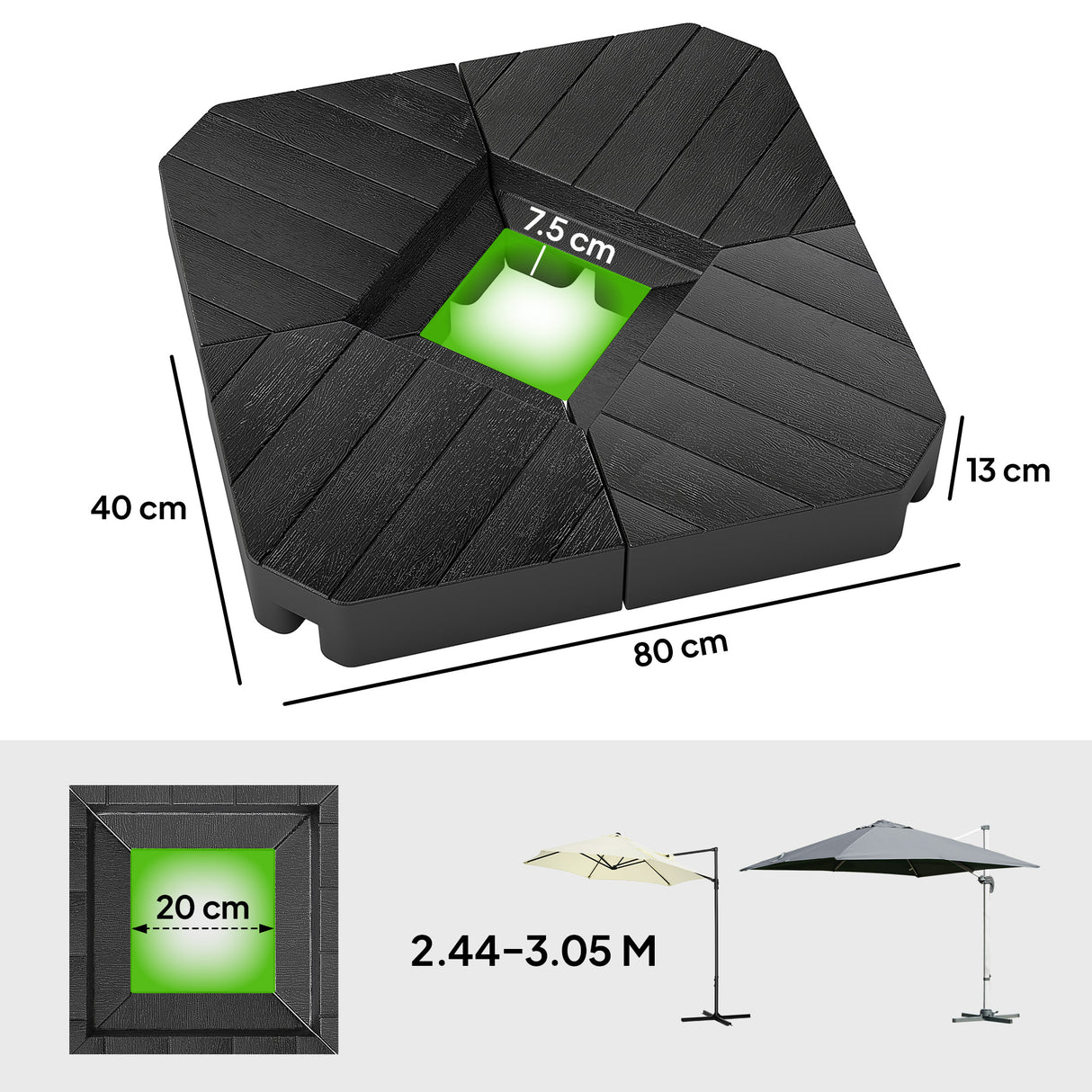 easycomfort easycomfort set 4 mattonelle base per ombrellone a braccio riempibili con acqua o sabbia fino a 80 kg nero