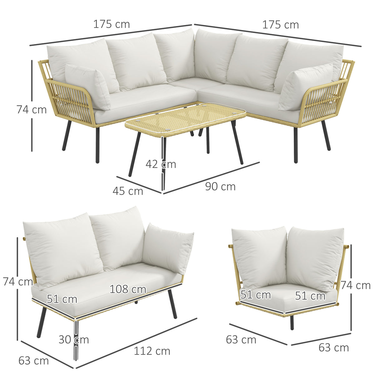 easycomfort easycomfort set da giardino 4 pezzi in rattan pe con tavolino da esterni 90x45x42 cm e 2 divanetti per esterni 6ex63x74 cm bianco crema