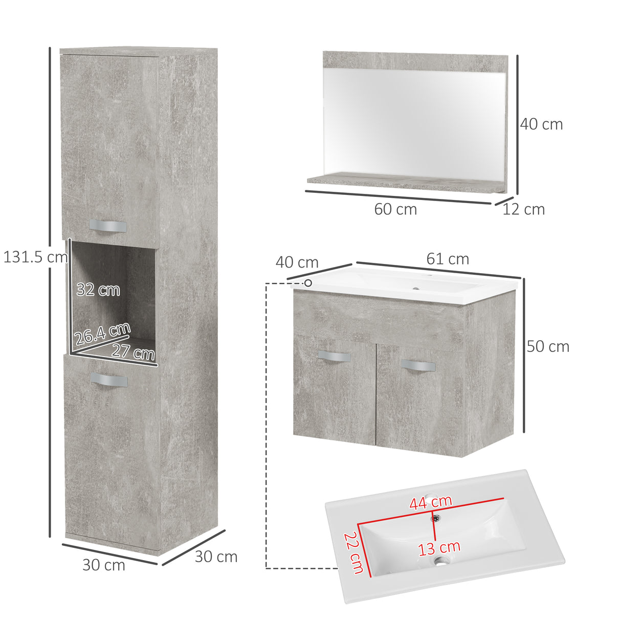 easycomfort easycomfort set mobili bagno da 4 pezzi con lavabo da 60cm mobiletto colonna bagno e specchiera in legno grigio