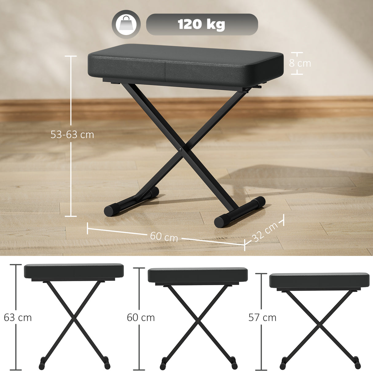 easycomfort easycomfort sgabello per pianoforte pieghevole e regolabile su 4 altezze in pelle pu schiuma e metallo 60x32x53 63 cm nero