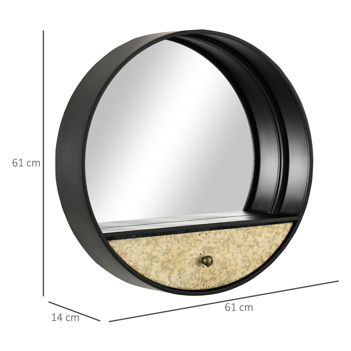 easycomfort easycomfort specchio da parete rotondo da 61cm con cassetto e cornice in metallo nero